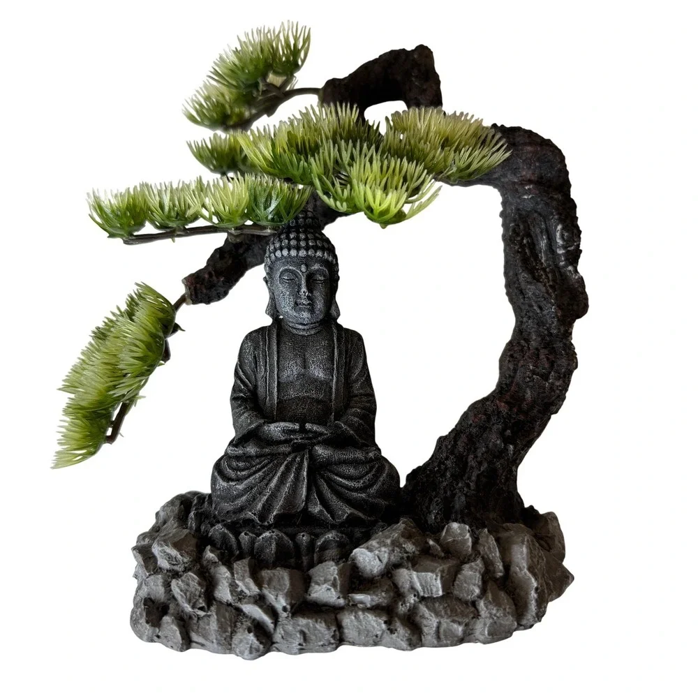 Buddha Statue with Bonsai Tree Aquarium Ornament Resin Zen Decor 8 Inch